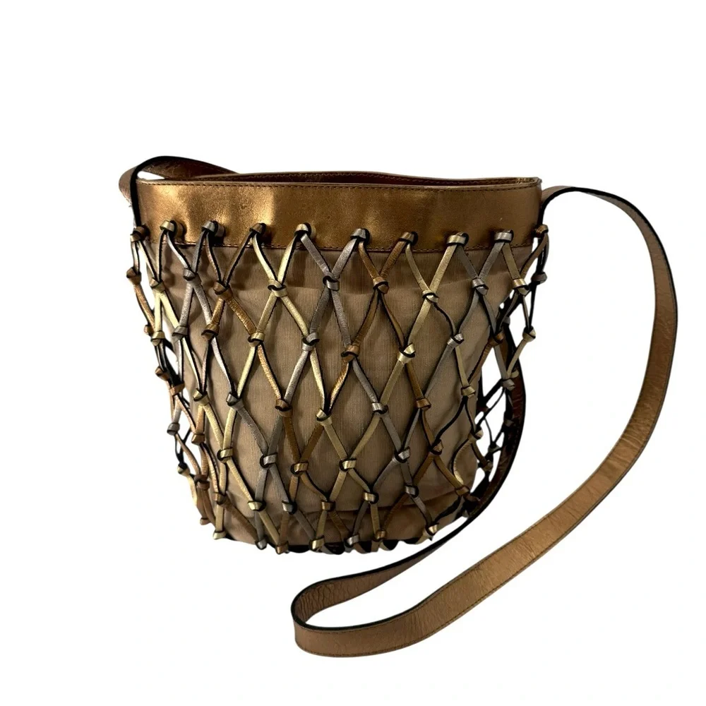 Maripe Genuine Leather Woven Lattice Shoulder Bag Metallic Gold Silver Copper